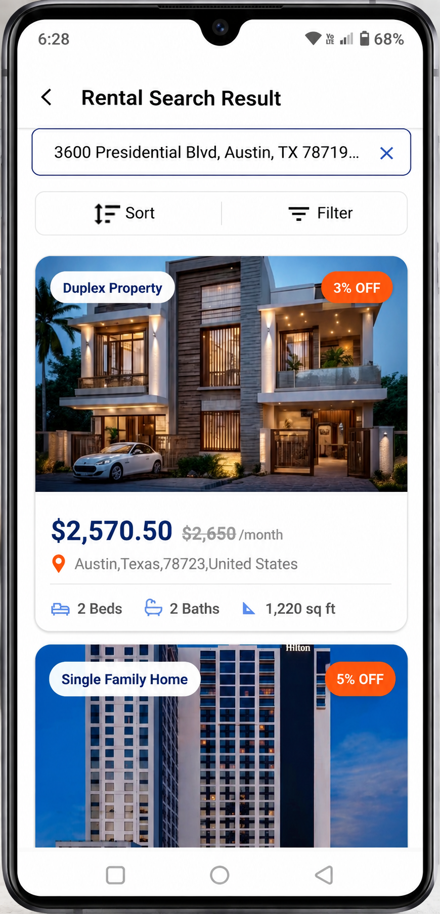 Calonex mobile app showing rental search results